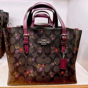 NWT COACH Authentic Mollie Tote 25 Graphite Deep Berry Country Floral Print